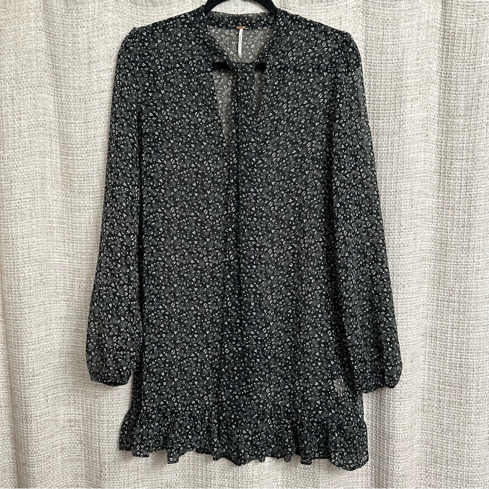 Free People Sheer Floral Long Sleeve Mini Dress Black Whimsy Dark Coquette XS